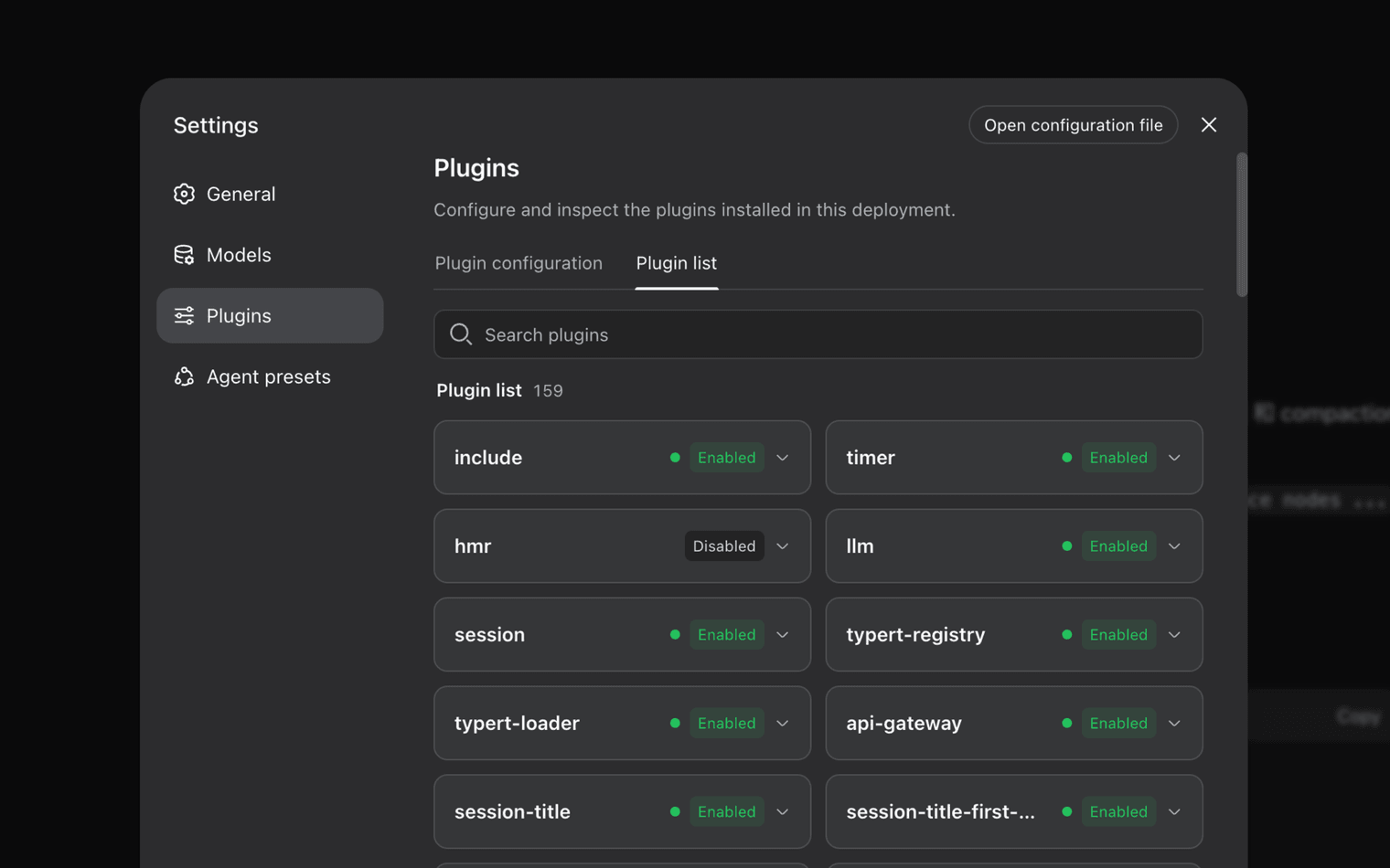 DeepSeek Harness settings page showing installed plugins and their enabled state